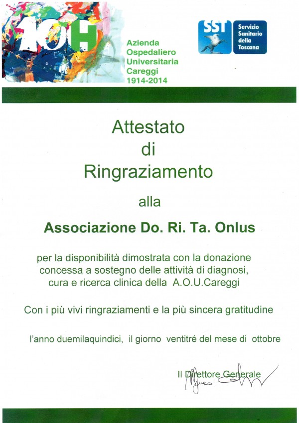 attestato ringraziamento ospedale careggi