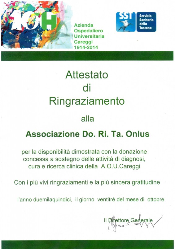 attestato ringraziamento ospedale careggi